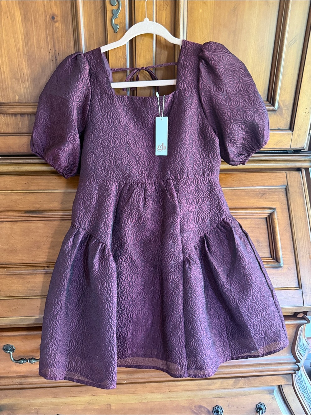 GB girls Plum Textured Puff Sleeve Party Dress